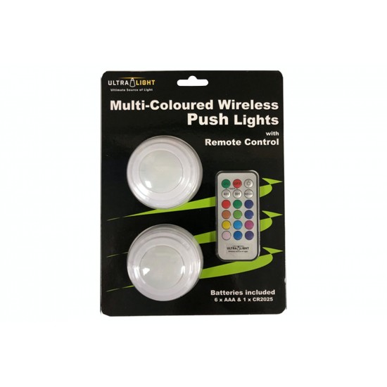 ULTRALIGHT Multi-Coloured Wireless Push Lights with Remote Control 2 Pack | TE1910
